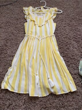 Youngland Yellow and White Striped Ruffle Dress with Tassel Belt